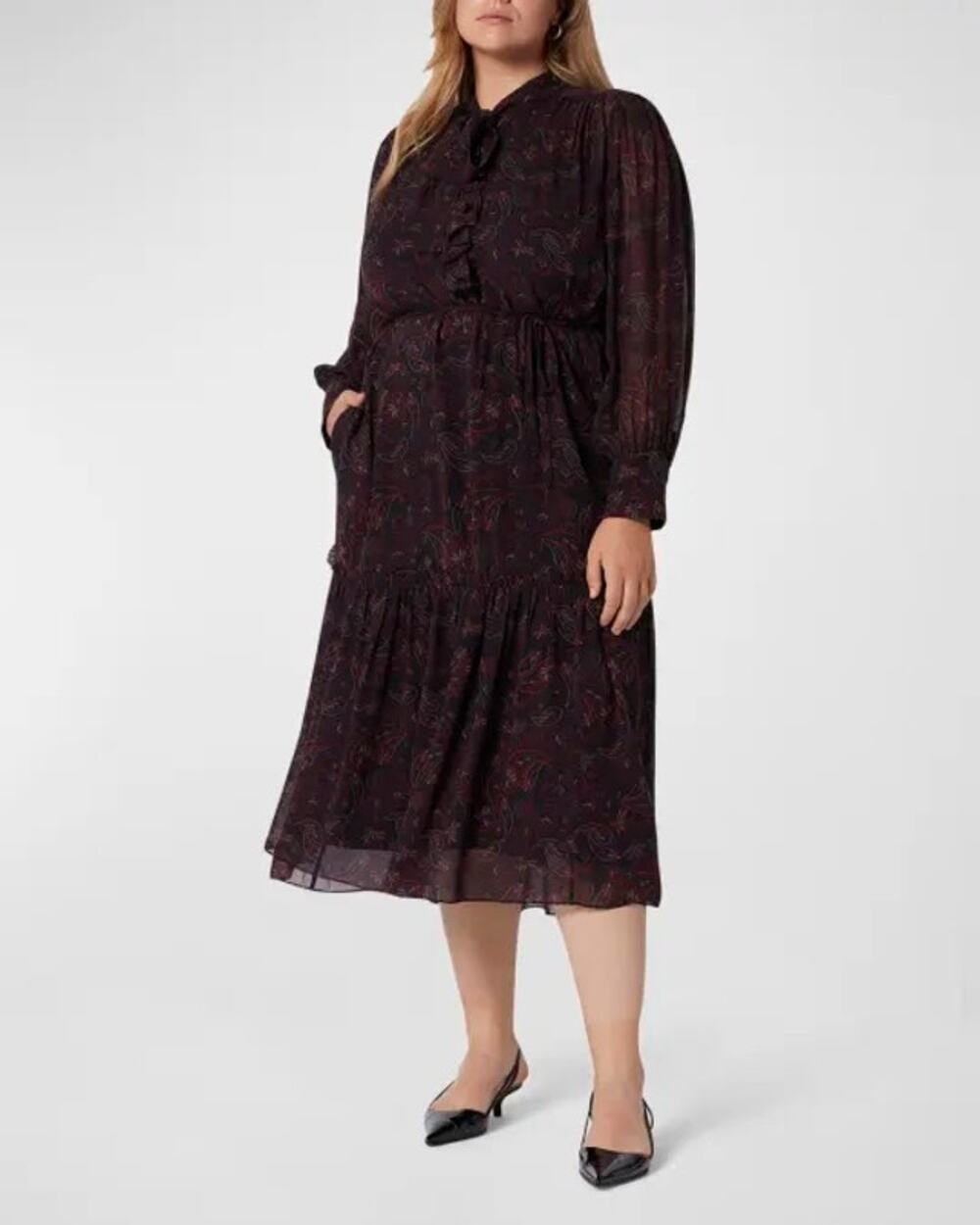 NWT Joie Plus Size 100% Silk Dark Paisley Midi Dress Wmns 4X Belted Ruffle Tie